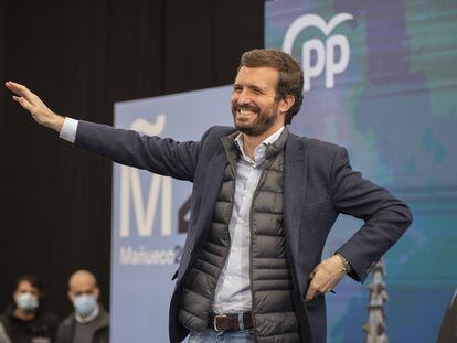 El líder del PP, Pablo Casado, en un acto de campaña en Palencia.