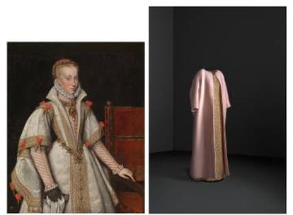 A la izda. 'La reina Ana de Austria', hacia 1616. Bartolomé González (copia de Antonio Moro). A la dcha. Conjunto de noche de abrigo y vestido, 1962. Cristóbal Balenciaga. |
