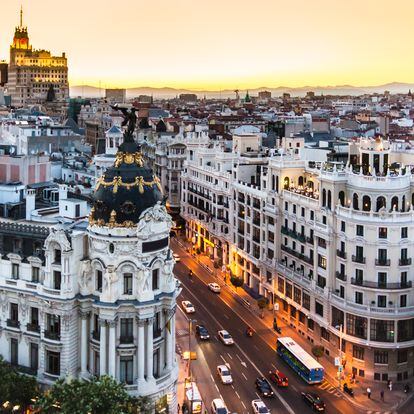 "Panoramic aerial view of Gran Via, main shopping street in Madrid, capital of Spain, Europe."