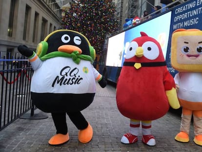 Mascotas de Tencent Music, celebrando la OPV de la empresa el mi&eacute;rcoles en la Bolsa de Nueva York.