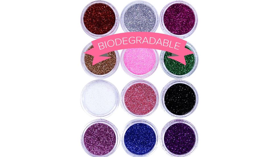 Pack de 12 tarros de purpurina en polvo biodegradable para maquillaje de cara, cuerpo, uñas y pelo. Varios colores.