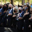 From left, former President Bill Clinton, former First Lady Hillary Clinton, former President Barack Obama, former First Lady Michelle Obama, President Joe Bien, First Lady Jill Biden, former New York City Mayor Michael Bloomberg, Bloomberg's partner Diana Taylor, Speaker of the House Nancy Pelosi (D-CA) and Senate Minority Leader Charles Schumer (D-NY) stand for the national anthem during the annual 9/11 Commemoration Ceremony at the National 9/11 Memorial and Museum on Saturday, Sept. 11, 2021 in New York. (Chip Somodevilla/Pool Photo via AP)