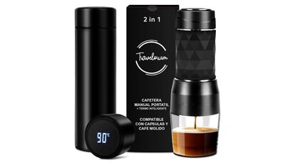 Portable coffee maker with thermos equipped with LED light.