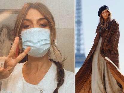 Ángela Rozas, en Instagram Madame de Rosa, con mascarilla, se fotografía durante su primer día de trabajo como enfermera en La Paz.  A la derecha, durante una sesión de fotos en París.