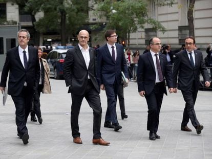 Los exmiembros del Govern Joaquim Forn, Raül Romeva, Jordi Turull y Josep Rull el 2 de noviembre en la Audiencia Nacional.