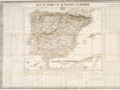 Un grabado de 1863 del 'Atlas de España y de sus posesiones de Ultramar', con tablas de datos sobre educación, criminalidad y otros aspectos.