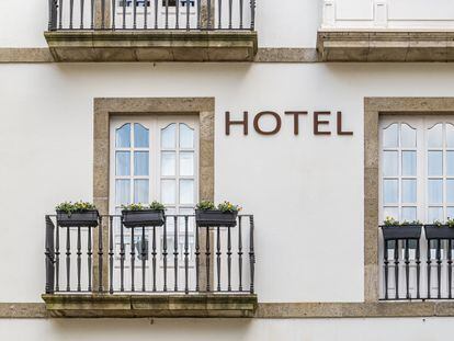 Hotel in Santiago de Compostela. Detail of facade with balconies.