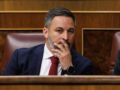 El líder de Vox, Santiago Abascal, durante la segunda sesión de la moción de censura, en el Congreso de los Diputados, este miércoles, en Madrid.