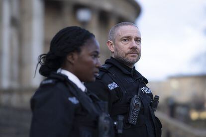 The introduction, from the second chapter, of a companion for Chris is essential for the narrative balance.  In the image, Adelayo Adedayo (Rachel) with Martin Freeman.