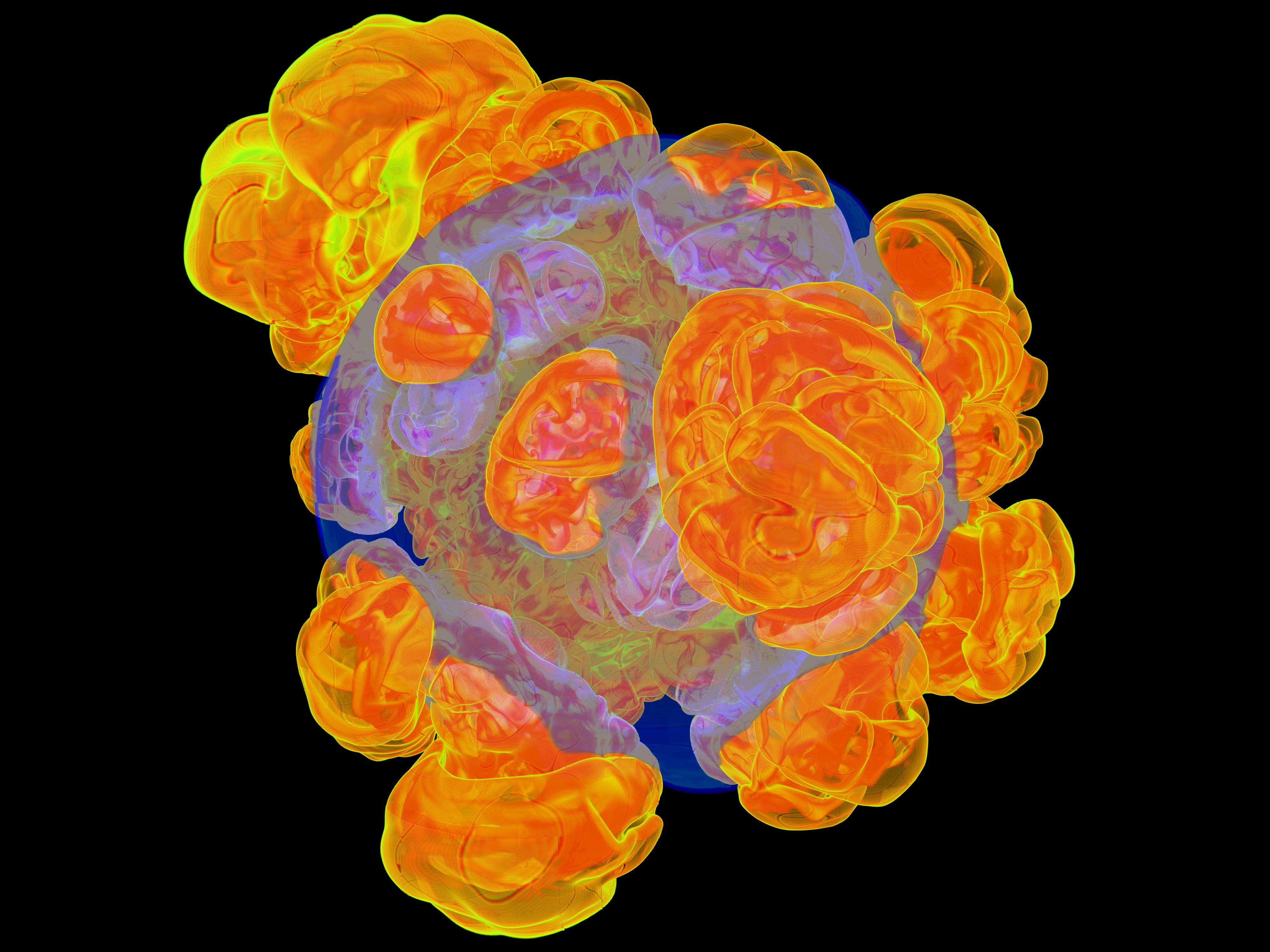 Una visualización hecha vía supercomputadora que recrea una detonación de supernova de tipo Ia.