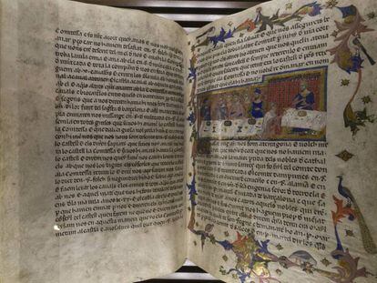 Miniatura amb el banquet que es va decidir conquistar Mallorca en la 'Crònica de Jaume I' de 1343.