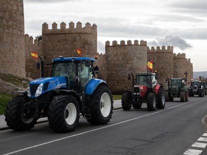Una fila de tractores atraviesa Ávila durante la tercera jornada de protestas de los ganaderos y agricultores.