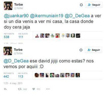 Algunos de los mensajes de Twitter que se intercambiaron Torbe, Muniain y de Gea entre 2011 y 2012.