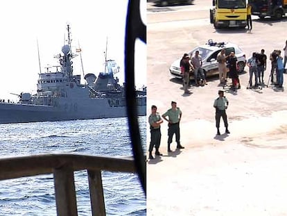 A la izquierda, la corbeta <i>Infanta Elena</i> sigue al barco <i>Ocean Alert</i> poco antes de su apresamiento, el 12 de julio. A la izquierda, la Guardia Civil espera la llegada del buque al puerto de Algeciras.