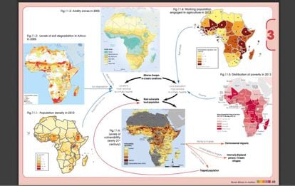 Infografía en inglés sobre el impacto del cambi climático en África. Muestra las interrelaciones entre las zonas de aridez y niveles de degradación del suelo, densidad de población, niveles de vulnerabilidad, población trabajadora dedicada a la agricultura y niveles de pobreza.