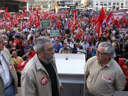 Concentración CC OO y UGT en Madrid el pasado día 1 de julio en protesta por las condenas y juicios a 260 sindicalistas en toda España.