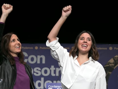Ione Belarra e Irene Montero, este sábado en el acto de Podemos en Madrid.