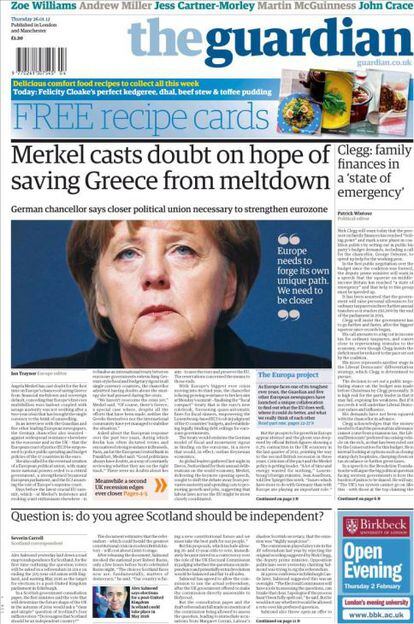 La portada de este jueves de 'The Guardian' con la entrevista de Angela Merkel y la presentación del especial Europa.