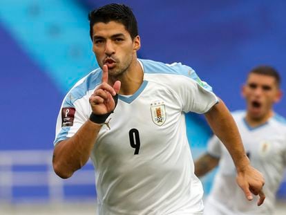 Luis Suárez celebra un gol con la selección uruguaya