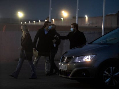 Artadi, Jove, Rius y Aragonès a su salida de una reunión el 27 de abril en Lledoners.