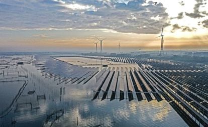 La combinación de generadores de energía fotovoltaica y piscifactorías en Sihong, China.