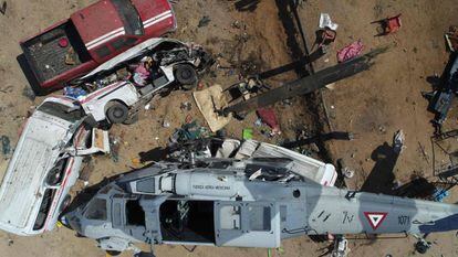 Imagen de la zona donde se desplomó un helicóptero sobre un capamento de daminificados.