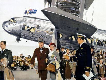 Cartel publicitario de Imperial Airways, la primera compañía aérea comercial británica de largo alcance, publicado en 1936.
