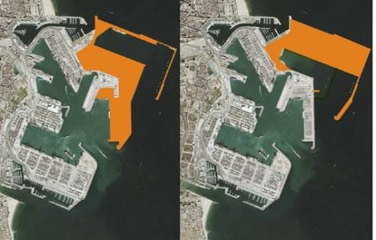 De izquierda a derecha, el proyecto del Puerto de Valencia de 2007 y el anteproyecto de 2018, diseñado por la Comissió Ciutat-Port.
