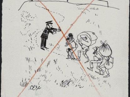 Uno de los dibujos que Cesc creó para el 'Diario de Barcelona' entre los años 1952 y 1962 y que la censura prohibió, con lápiz rojo incluido.