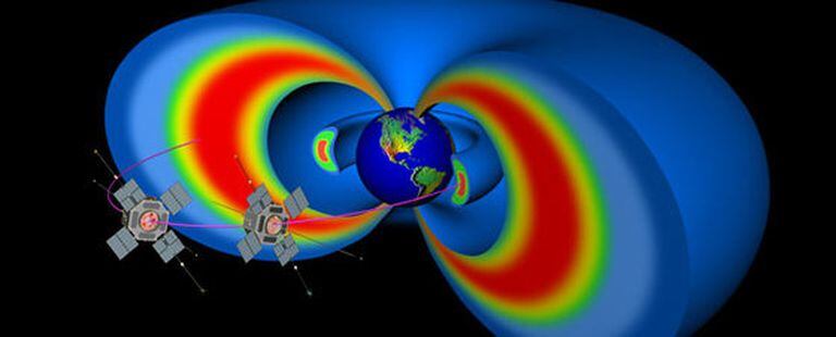 Representación artística de la estructura de los cinturones de radiación de Van Allen y de las trayectorias seguidas por los satélites geoestacionarios.