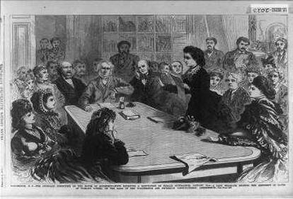 Victoria Woodhull argumentando en favor del voto femenino, en 1871.
