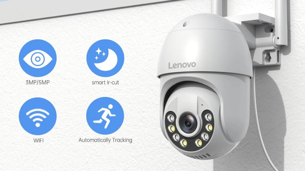 Vista en detalle de la cámara de vigilancia para exteriores de Lenovo.