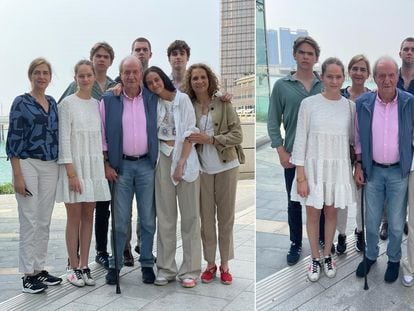 Las dos imágenes del rey emérito con sus dos hijas y cinco de sus nietos en Abu Dabi. A la izquierda, la imagen de la polémica, donde no se ven las piernas de Pablo Urdangarin.