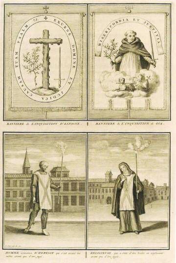 Escudos del Santo Oficio y sambenitos. Grabados del impresor Bernard Picart para el libro 'Ceremonies et coutumes religieuses de tous les peuples du monde'. Ámsterdam, 1723.