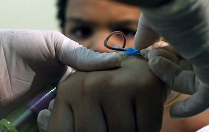 Un médico toma la muestra de sangre de un niño en Sao Paulo.