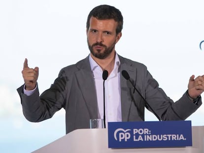 El presidente del PP, Pablo Casado, interviene en un acto del PPdeG en Oleiros (A Coruña/Galicia/España) a 6 de octubre de 2019.
 