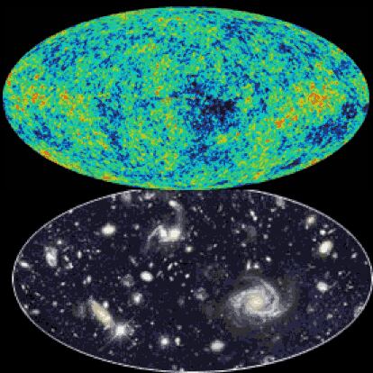 El Universo cuando tenía sólo 380.000 años (arriba) y en la actualidad (abajo).