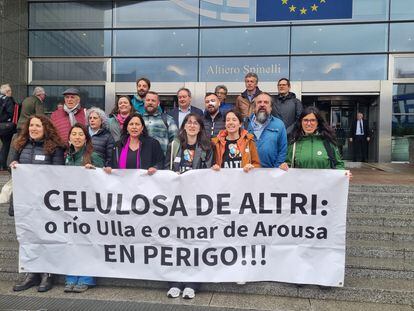 Miembros de Ulloa Viva este martes en Bruselas con la eurodiputada Ana Miranda, tercera por la izquierda en la primera fila, en una foto cedida.