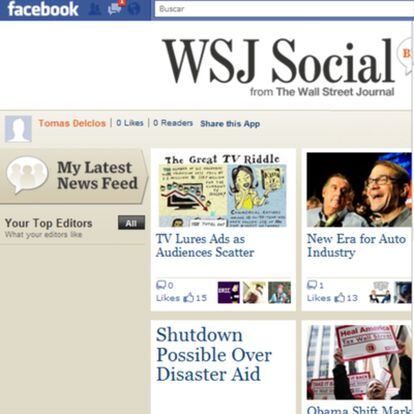 Aplicación de 'The Wall Street Journal' en Facebook.