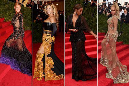 Los escotes y aperturas de vértigo y sobre todo las transparencias son lo que definen las elecciones estilísticas de Beyoncé para la gala MET. 4 años consecutivos la vistió Tisci para Givenchy: en 2012, 2013, 2014 y 2015.