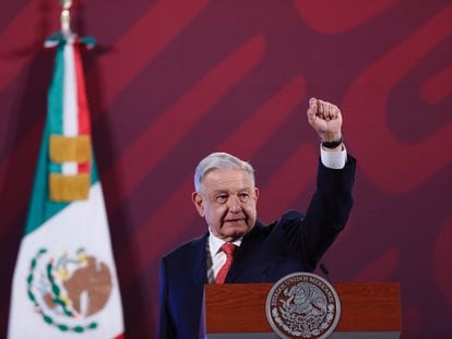 Andrés Manuel López Obrador durante su conferencia matutina en Palacio Nacional, en febrero de 2024.
