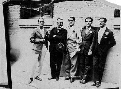 De izquierda a derecha, Salvador Dalí, José Moreno Villa, Luis Buñuel, Federico García Lorca y José Antonio Rubio Sacristán, en La Bombilla (Madrid) en mayo de 1926.