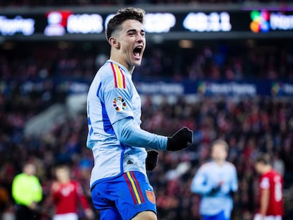 Gavi celebrando su anotación durante el partido entre España y Noruega, encuentro de clasificación para la Eurocopa 2024.