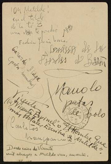 Tarjeta postal de 1931 dedicada a la hispanista por Lorca, Diego, Altolaguirre, Aleixandre..