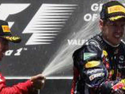 Fernando Alonso (izda.) y Sebastian Vettel (dcha.), celebrando la segunda y la primera posición, respectivamente, en el GP de Europa