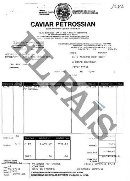 Factura de 40 tarrinas de caviar beluga por valor de 60.999 euros abonada por el presunto miembro de la trama venezolana Luis Mariano Rodríguez.