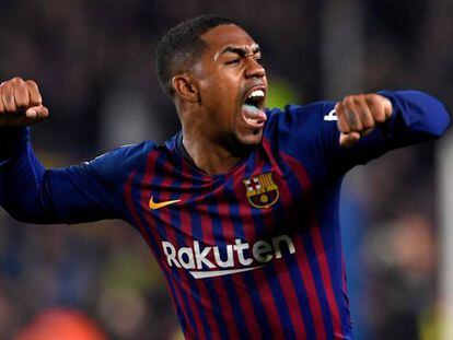 Malcom celebra su gol ante el Madrid. En vídeo, declaraciones del jugador del F.C. Barcelona, Gerard Piqué.