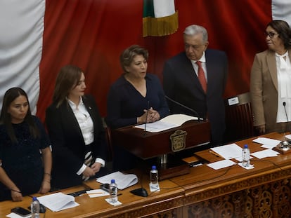 Delfina Gómez y Andrés Manuel López Obrador en Toluca (Estado de México), este jueves.