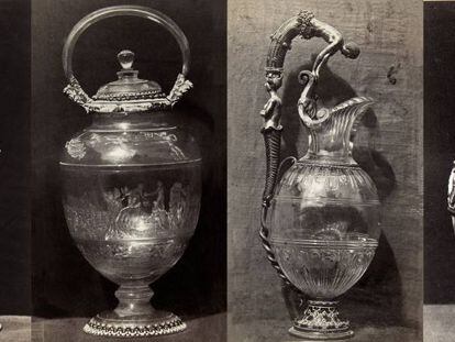 Desde la izquierda, copa de ágata con un asa con remate en forma de copa, vaso con escenas del Génesis y el Éxodo, jarro de cristal con Narciso y Eco y vaso aovado de ágata con dos bandas de camafeos.
