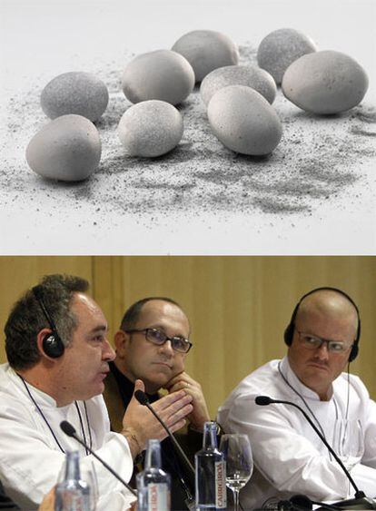 Arriba, patatas caolín del restaurante Mugaritz. Abajo, Ferrán Adrià, Davide Cassi y Heston Blumenthal, ayer en Madrid.